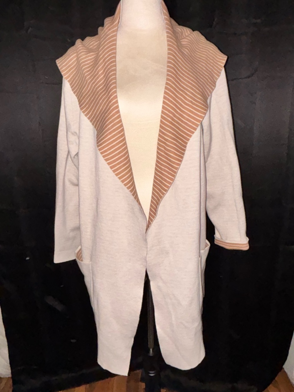 Beige Open-Front Women's Cardigan with Striped Shawl Collar